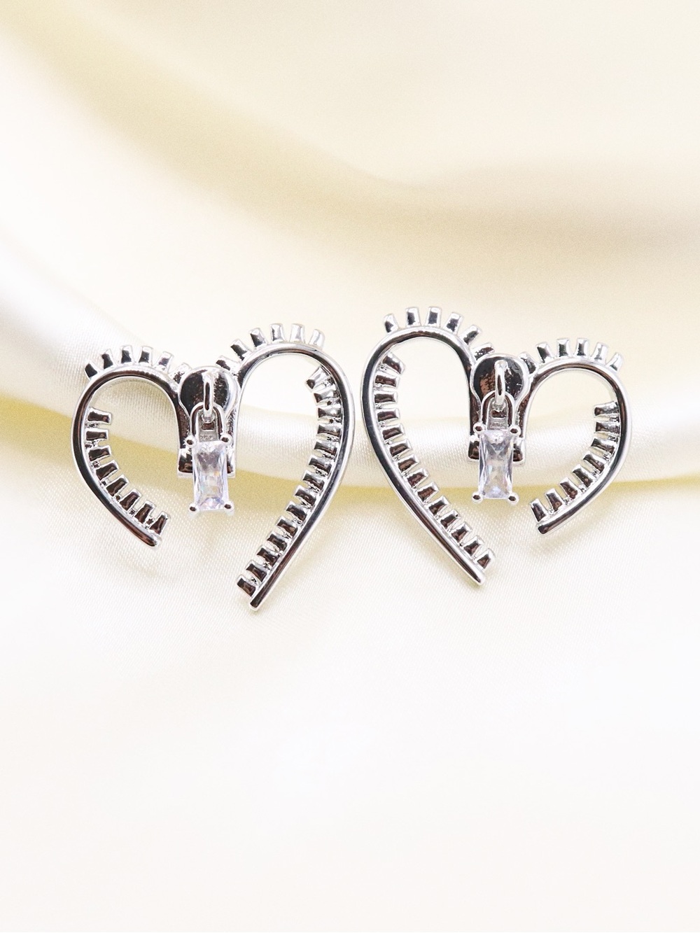 Silver Heart Zip-Style Stud Earrings - Silver